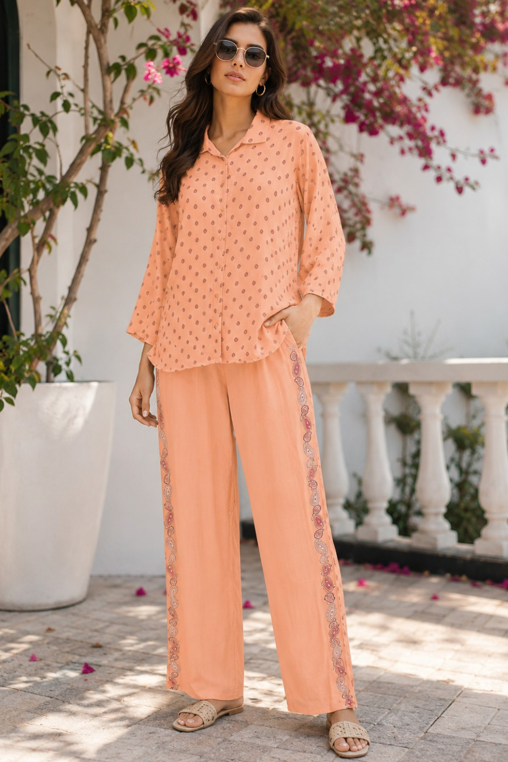 Peach Paisley Border Print Viscose Crepe Co-ord Set